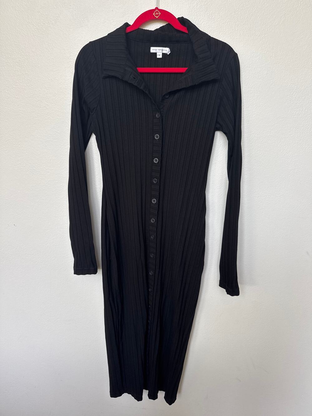 Good American Black Ribbed Long Sleeve Button-Down Midi Bodycon Dress Size 3 L
